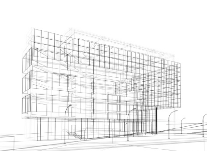 widescreen sketch of a 4 story building